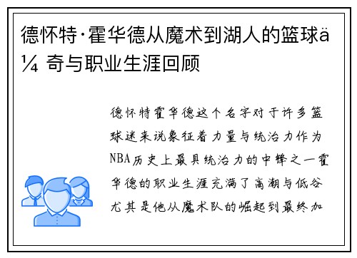 德怀特·霍华德从魔术到湖人的篮球传奇与职业生涯回顾