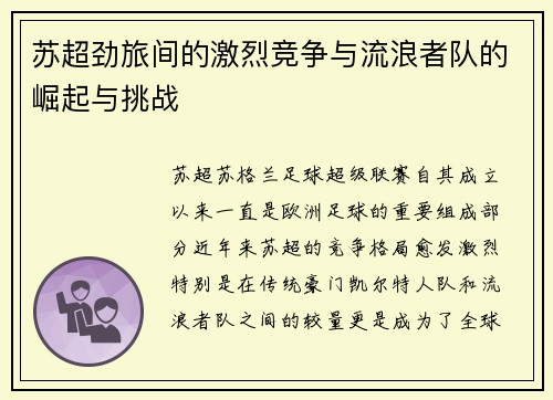 苏超劲旅间的激烈竞争与流浪者队的崛起与挑战