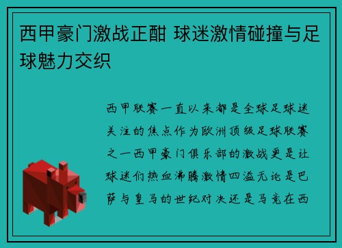 西甲豪门激战正酣 球迷激情碰撞与足球魅力交织